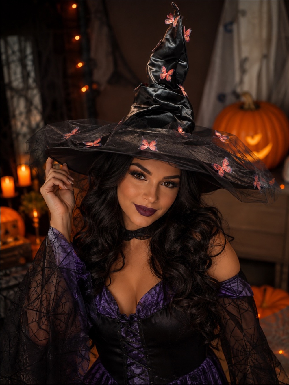 Witch Hat with Pink Butterfly Accents - Black